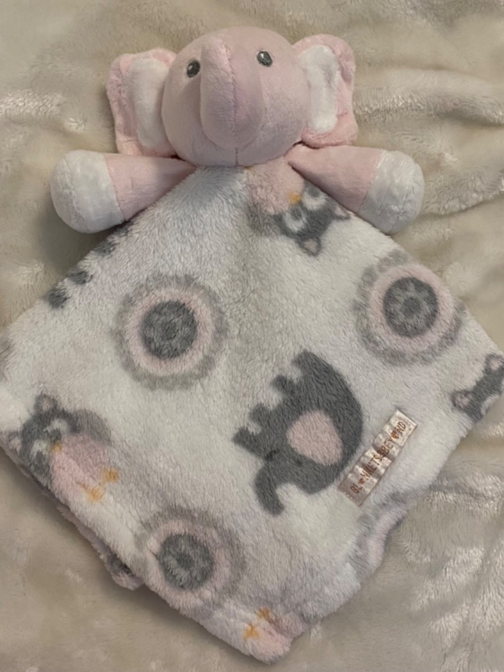 Blankets & Beyond Elephant & Owl Pink Grey White Plush Security Blanket Lovey